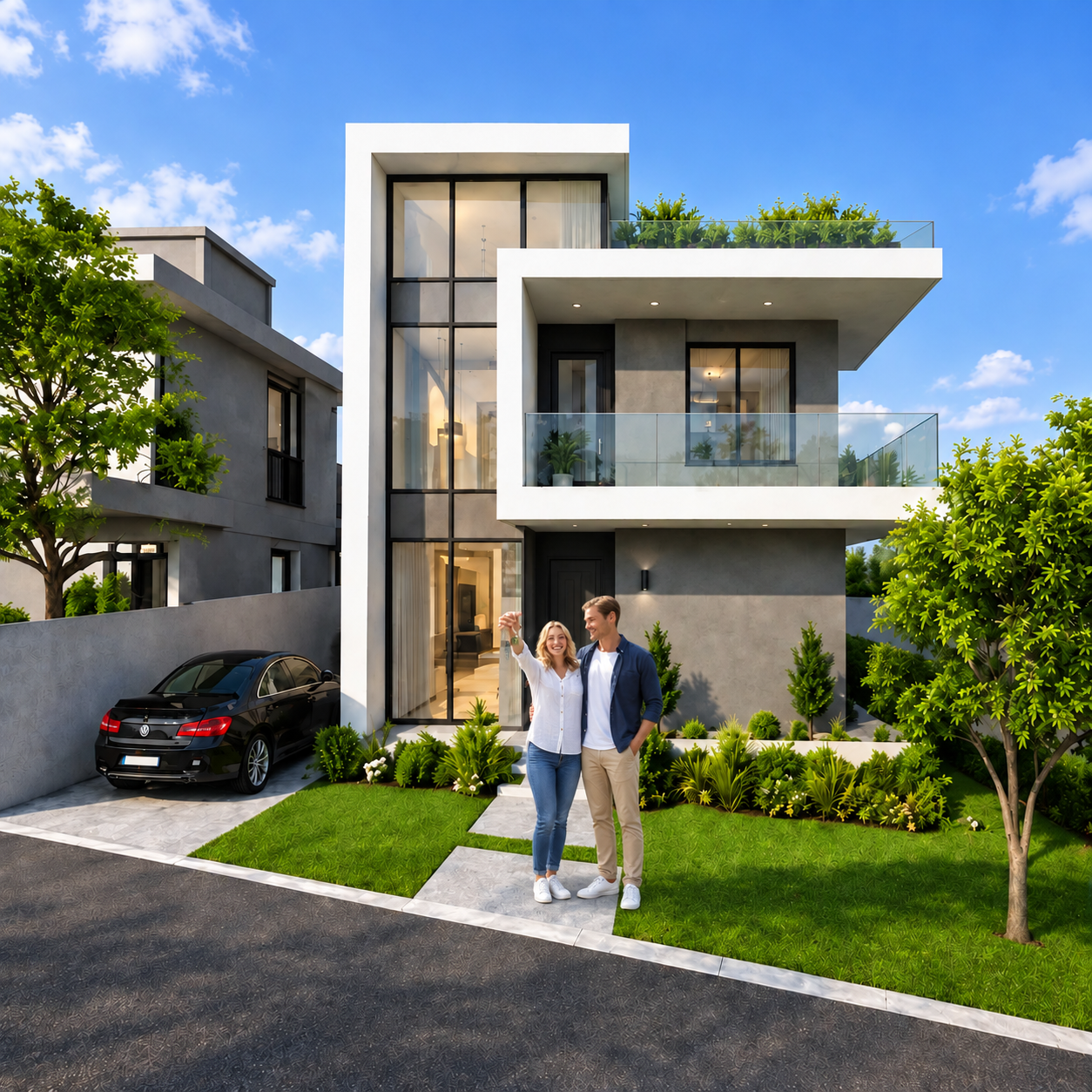 Happy couple receiving the keys to their new villa